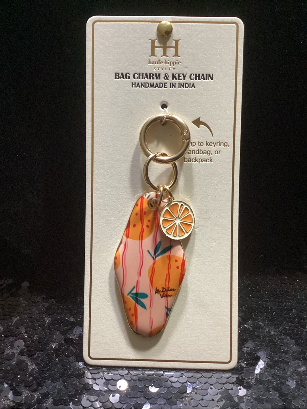 Haute Hippie Orange and Pink Floral Resin Bag Charm with Gold Accents